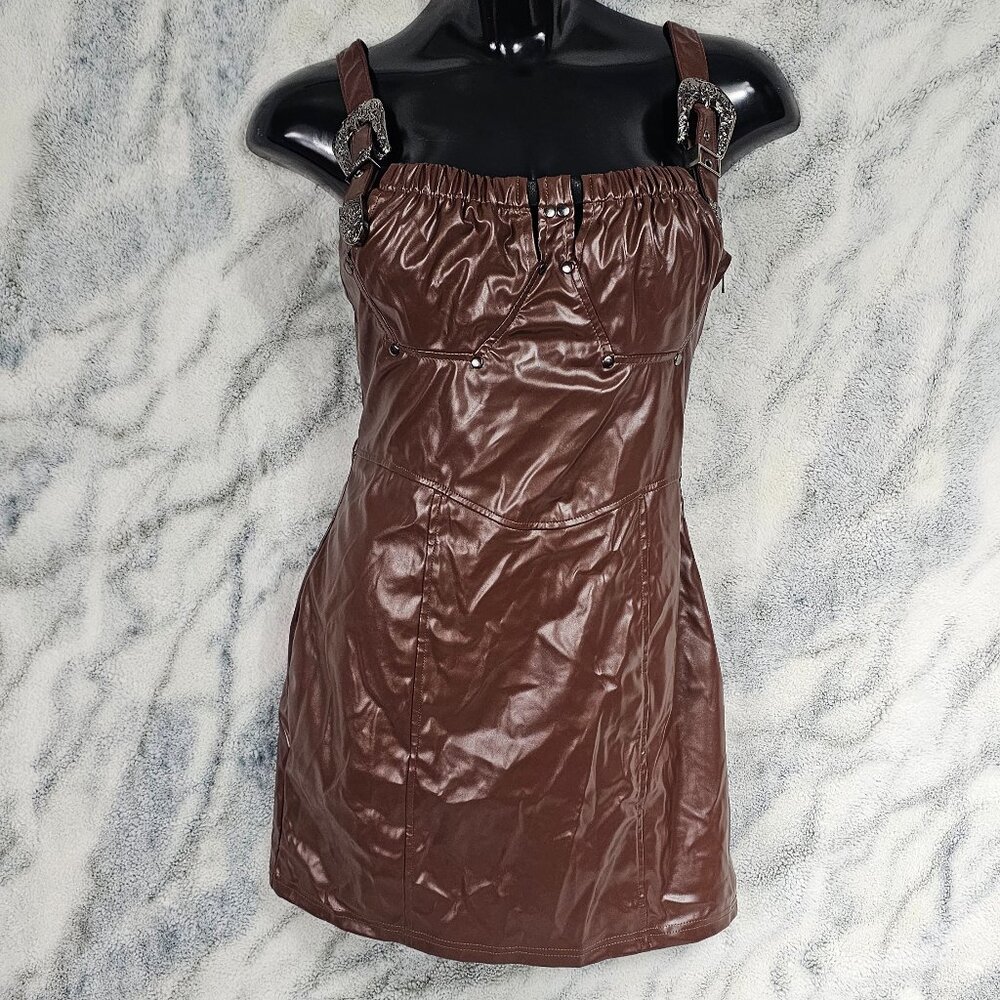 Dolls Kill Poster Grl Medium Brown Western Twist Mini Dress Vegan Leather Buckle